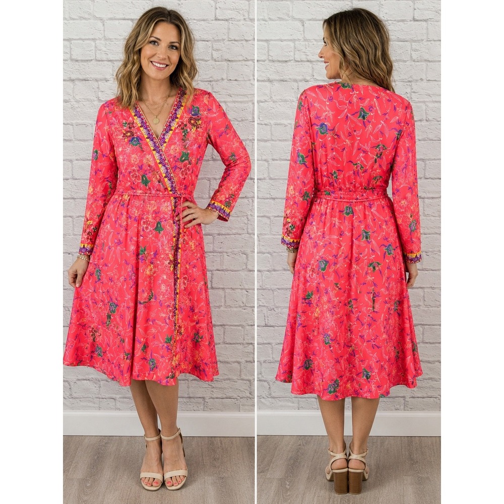 Vintage Style Pink Floral Faux Wrap Midi Dress Long Sleeve Size 14 RN 21122